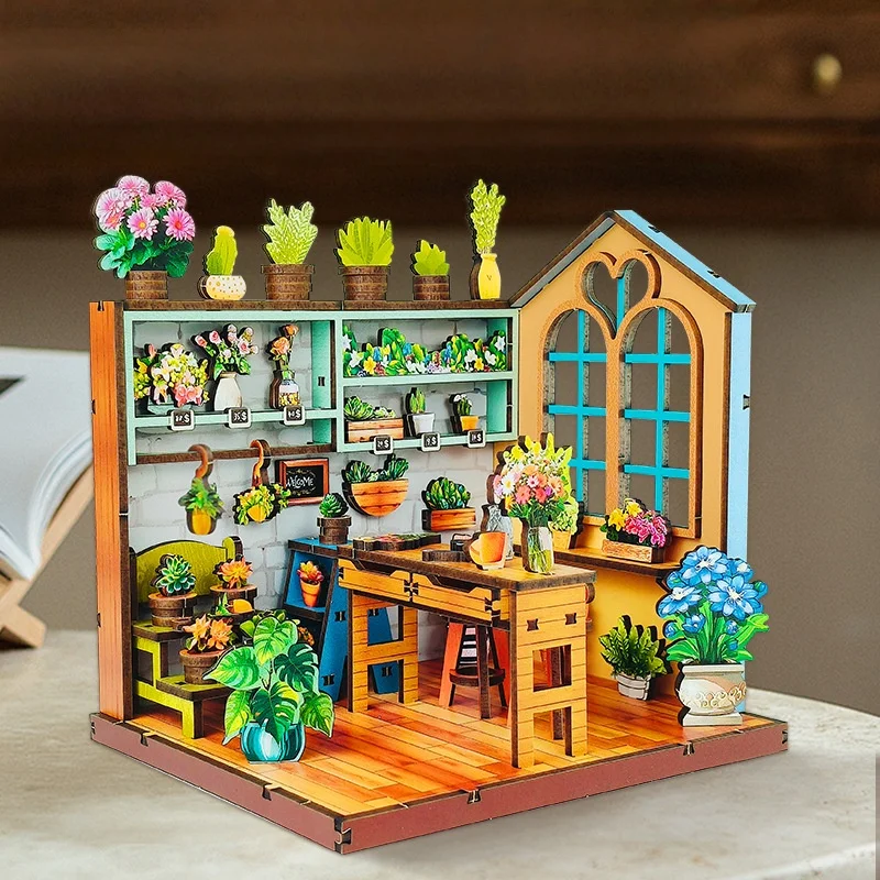 OUZEY Floral Art Shop Book Nook, drewniana miniatura 3D do samodzielnego montażu, kreatywny prezent na biurko dla nastolatków