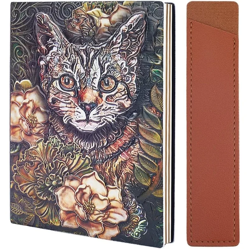 1pc Cat Leather Notebook Vintage 3D Embossed Travel Journal Leather Notebook A5 Lined Hardcover Diary Notepad sketchbook