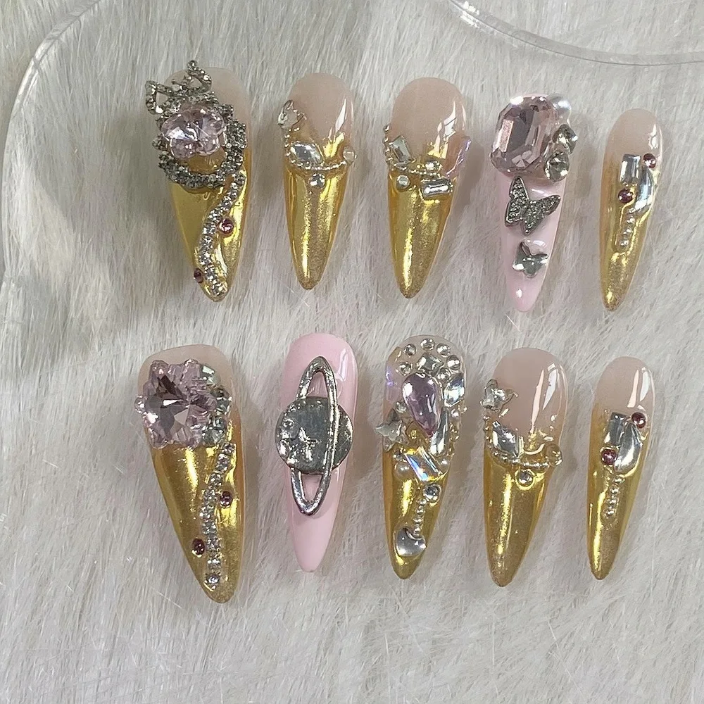 Press on Nails Luxury Palace Golden Reusable Full Cover Fake Nail Luxurious Sparkling Rhinestones 3D Bowknot Wearable Detachable