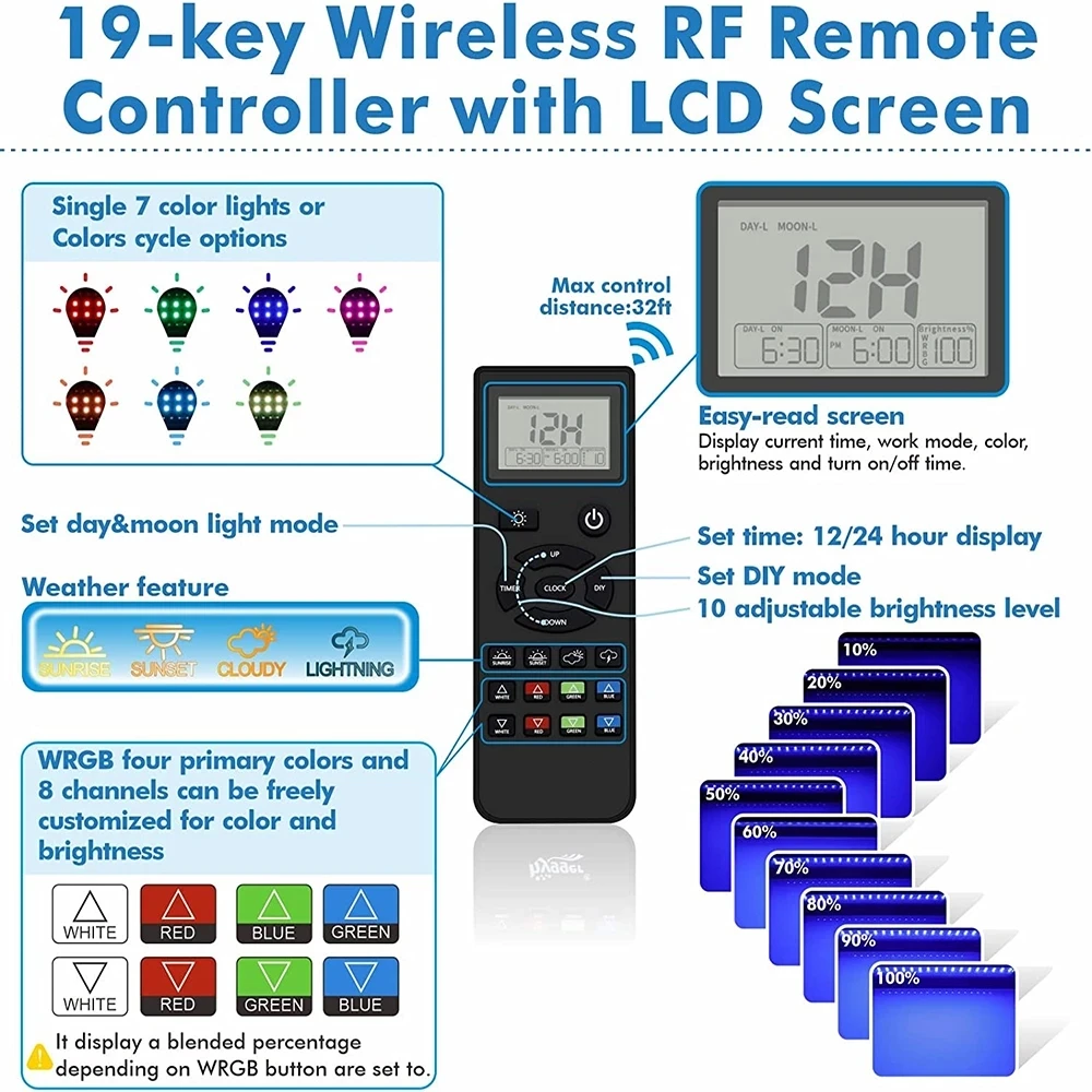 Luce per acquario telecomandata da 60-105CM con Timer luce per acquario a spettro completo con lampada a LED RGBW in modalità meteo per piante