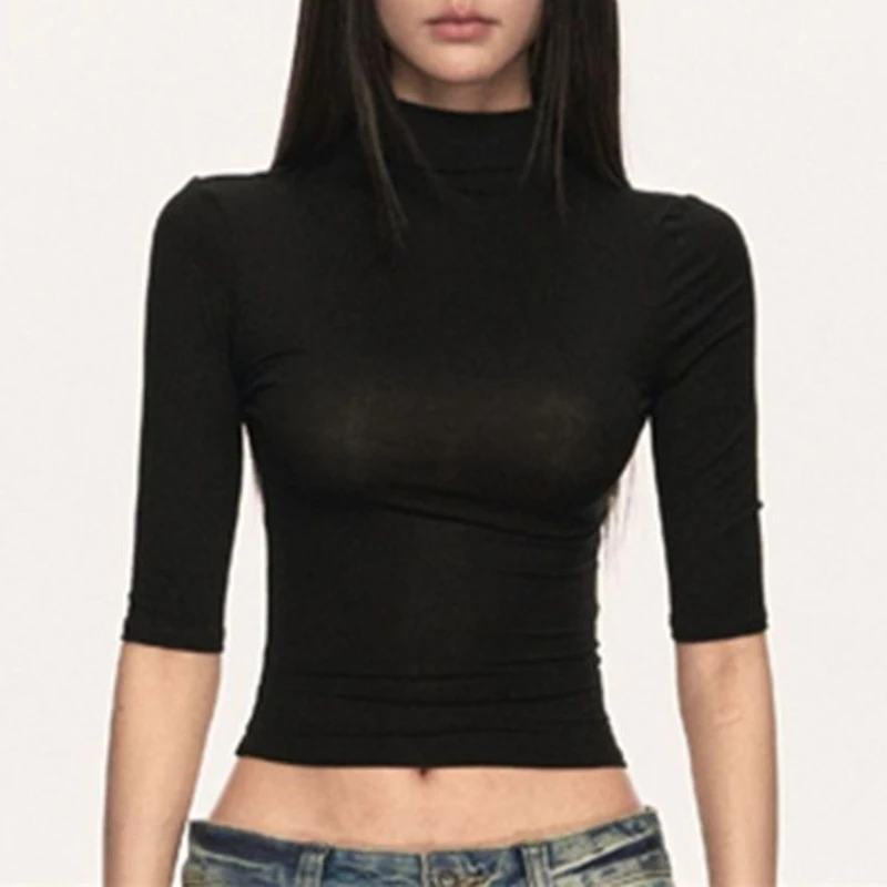 الفرنسية شارع العليا كل مباراة س الرقبة نصف كم تي شيرت الكورية الصيف رقيقة مكتب سيدة ملابس حريمي بسيط فاسق بلايز عادية