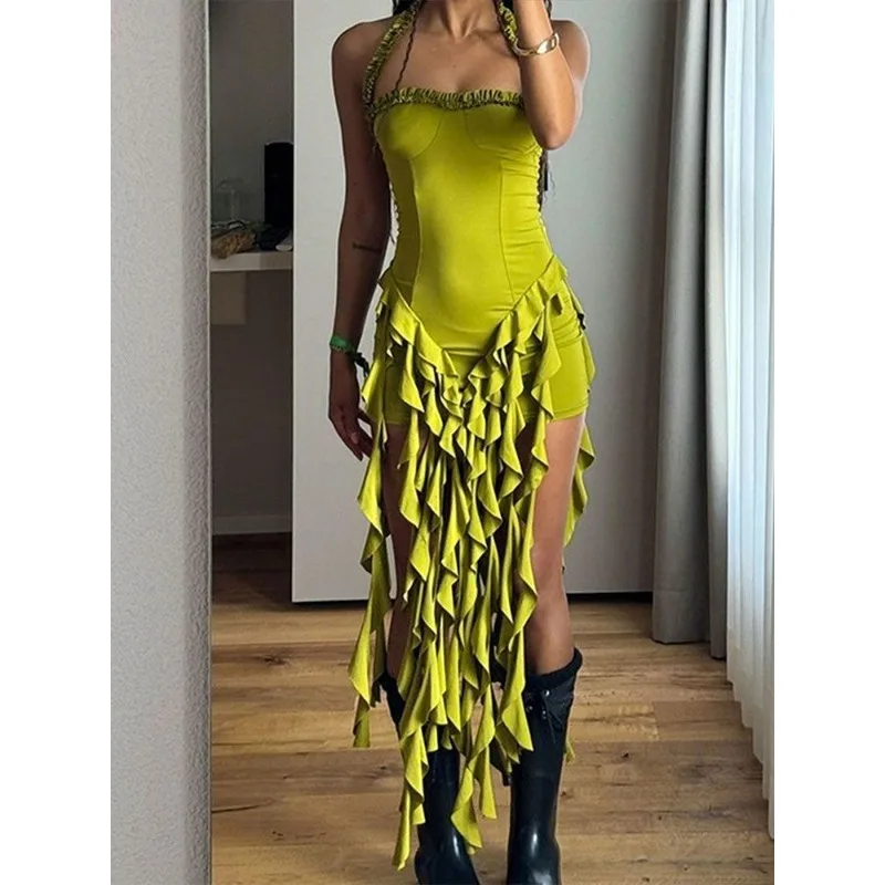 Sexy Split Irregular Ruffle Edge Splicing Dress Age Reduction Personality Street High Quality High Value Solid Color  Hip Skirt