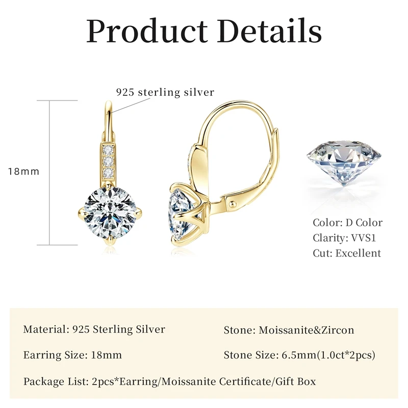 Lnngy 925 Sterling Silver Hoop Earrings Certified 6.5mm Moissanite Leverback Earring For Women Dazzling 2026 Trend Jewelry Gift