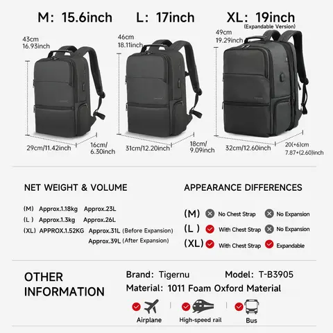 Tigernu mochilas de viagem para homens 15.6 17 19 ''portátil mochila masculina mochila de negócios sacos para escola mochila mochila