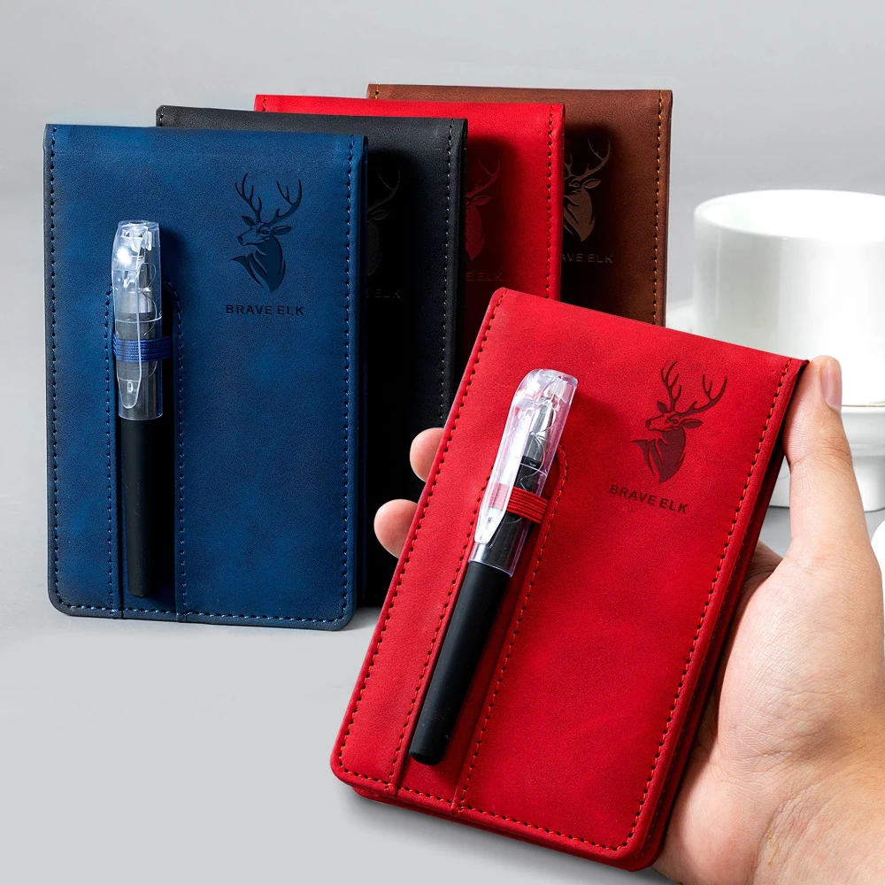 Cuaderno adhesivo de bolsillo con cubierta de cuero A7, planificador de líneas horizontales con bolígrafo para diario de negocios, notas, oficina, escuela, papelería