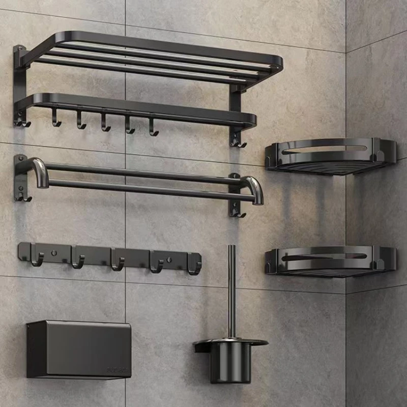 TLL Punch-Free Bathroom Toilet Rack Stainless Steel Black Bath Towel Rack