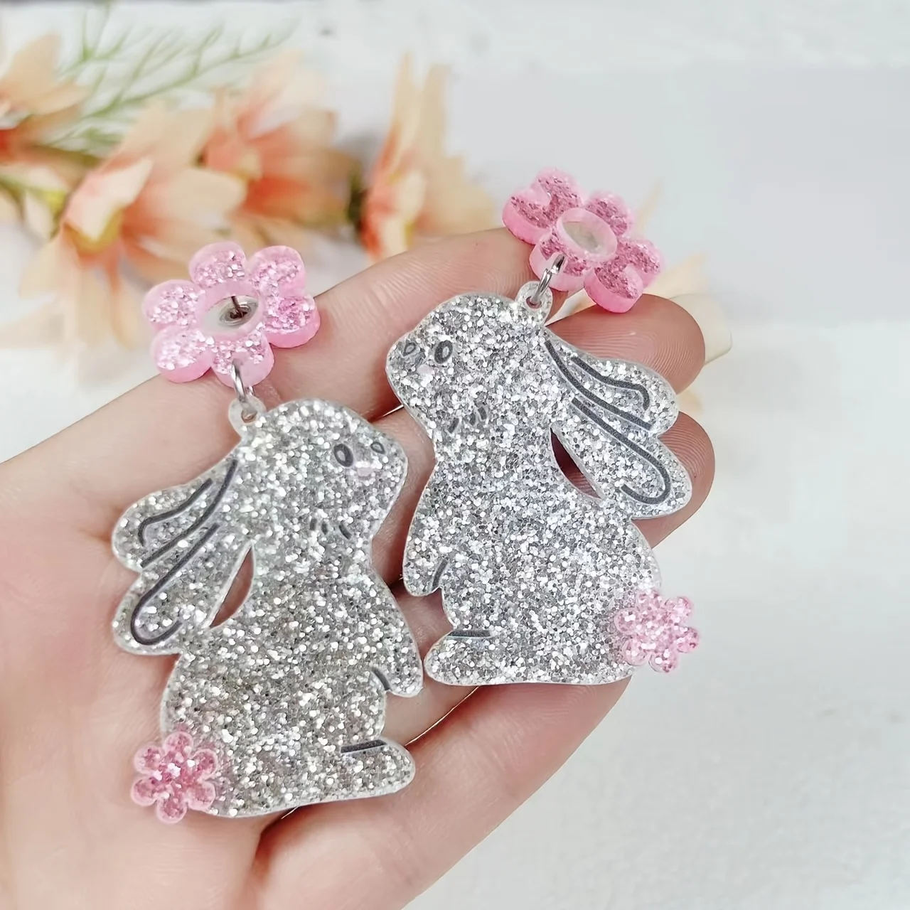 2pcs Easter Pink and Silvery Glitter Acrylic Cute Fashion Earrings | Stainless Steel Ear Pins with Flower Details, For Teenager