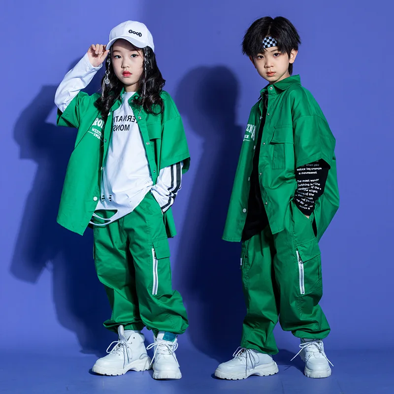 Boys Hip Hop Costume Kids Green Coat Pants Girls Jazz Dance Clothes Drum Show Stage Clothing Loose Suit Competition Wear BL9846