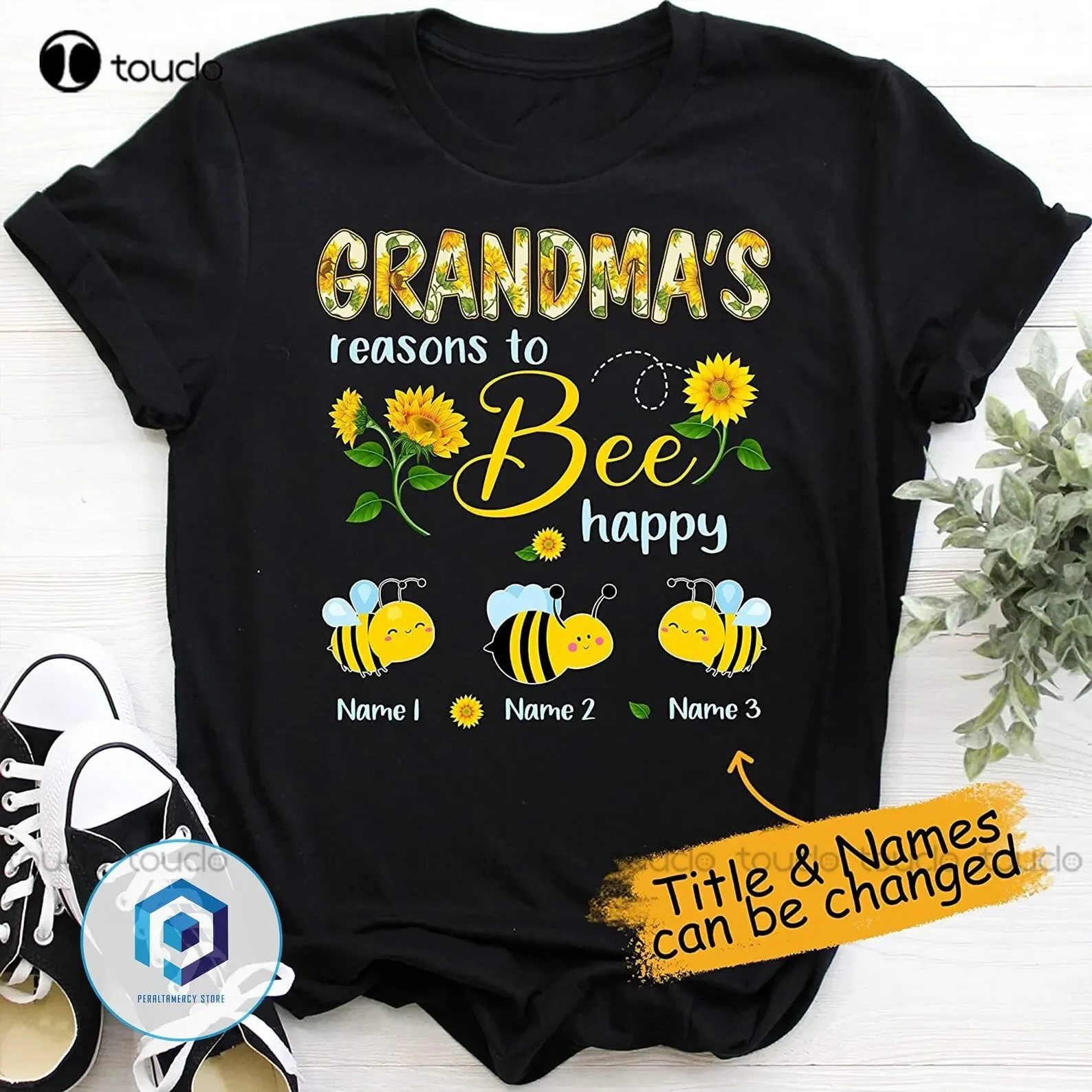 Personalized Grandma Bee Sunflowers T-Shirt, Personalized Grandmas, Reasons To Bee Happy Shirt, Bee Lovers Gift Custom Gift