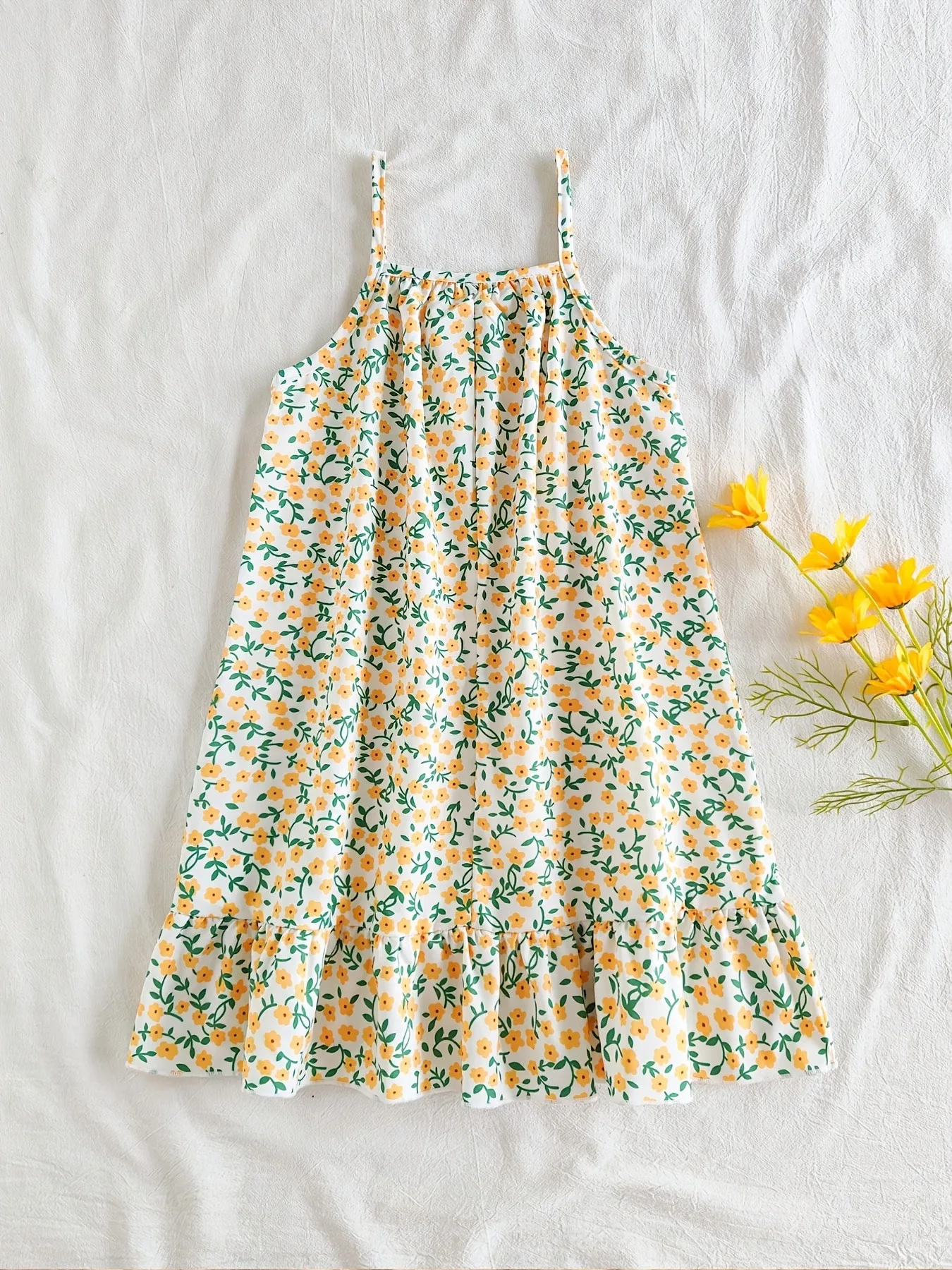 Light Breathable Kids Girls Single Piece Camisole Dress, All Over Small Floral Print Adjustable Thin Strap Flowy A-line Skirt fo