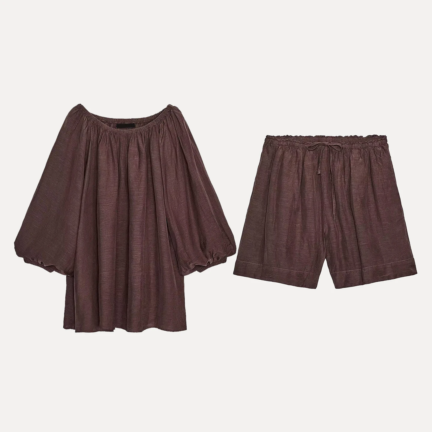 Z Women's Summer 2025 Faion Set oulder Bared Top with Drapey orts Long Sve round Ne Crew Ne Two Piece Set