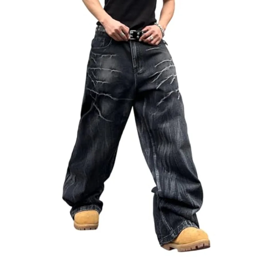 Mens Baggy Patchwork Jeans Wide Leg Denim Pants