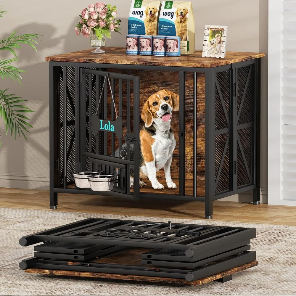 

Easycom Dog Crate Furniture, 31.5" Assembly-Free Dog Crates for Small & Medium Dogs, Foldable Dog Kennel Indoor with Tag & Adjus