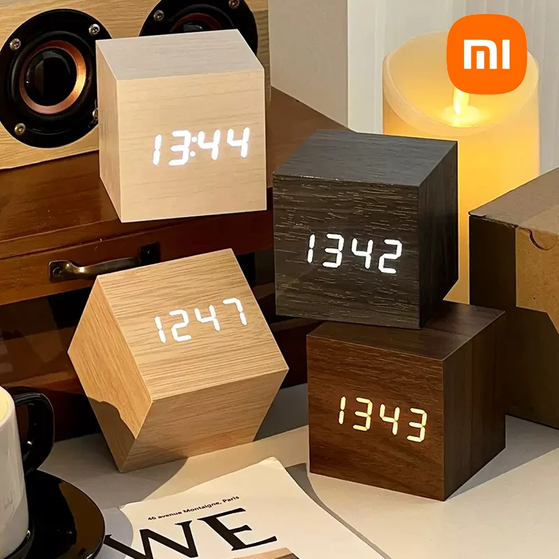 Xiaomi Wooden Digital Alarm Clock With Temperature Sound Desktop Led Bedside Clock Alarm Clock Office Decoration Clock Household