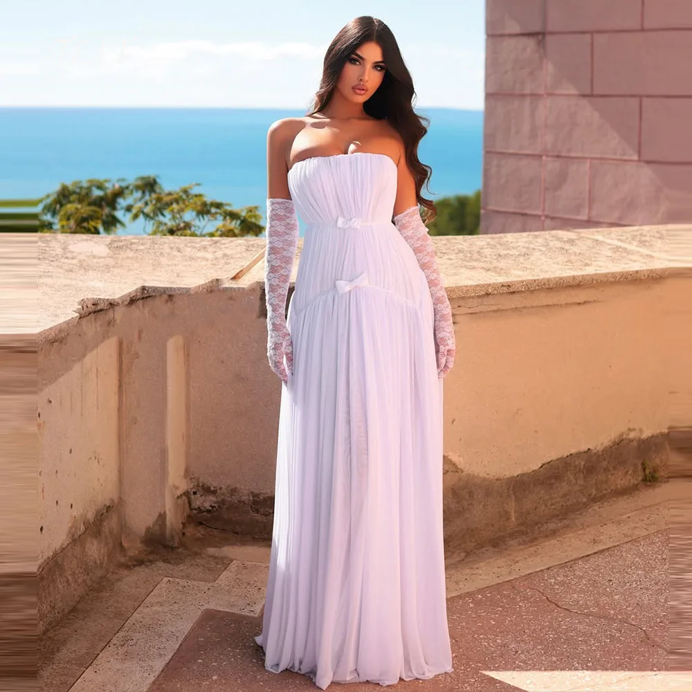 TLIT Luxurious White Chiffon Lace A-Line Wedding Dresses Customized Strapless Pleats Bows Decoration Lacee Cuff Bridal Gowns