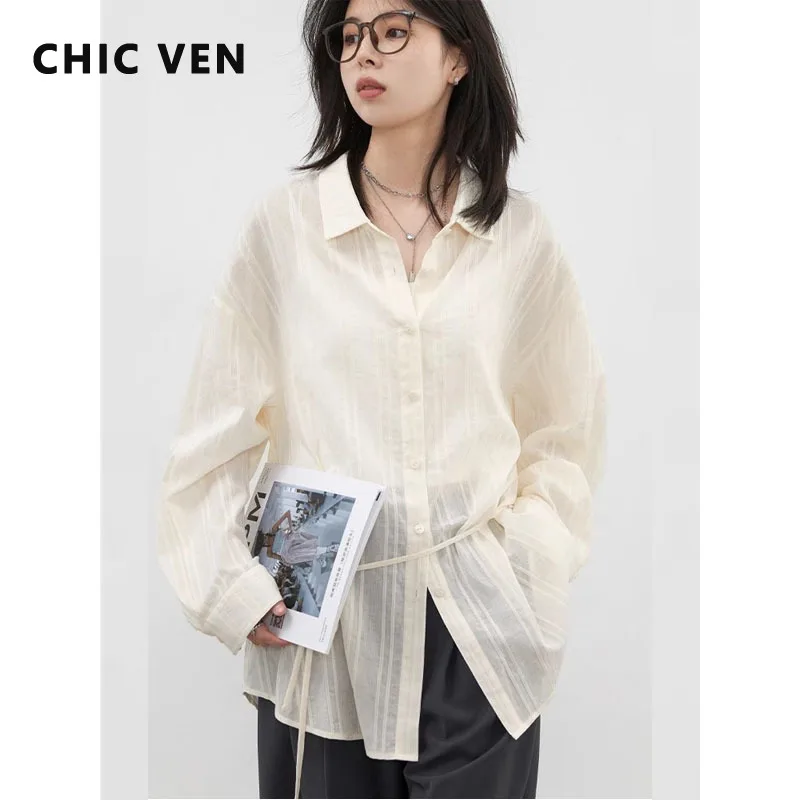 CHIC VEN Women Shirt Textured Cotton Striped Waist Shirt Long Sleeves Female  Sun Protection Blouses  Spring  Summer 2025