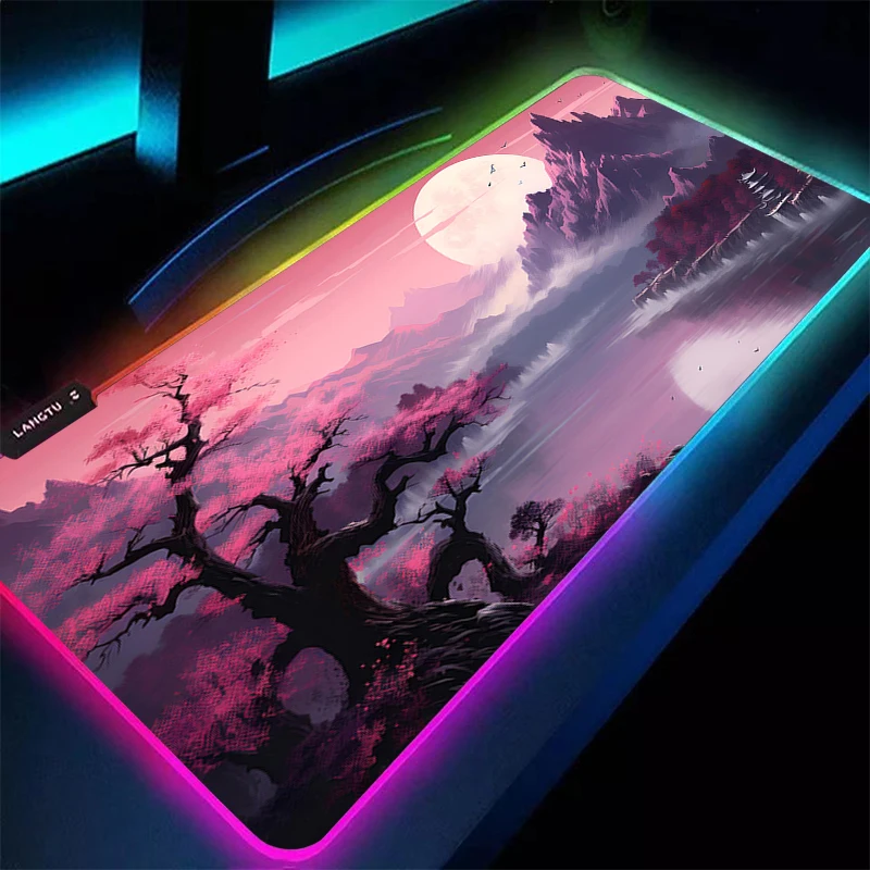 

Mouse Pad Rubber LED PC Computer Moon Gaming Accessories Mousepad RGB Anime Landscape Desktop Mat Gamer Pink Sakura Keyboard Pad