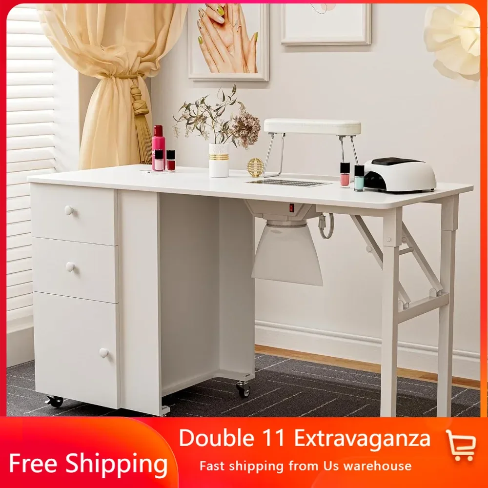 Nail Table, Foldable Nail Table with Electric Air Outlet, Lockable Wheels with Storage Drawer, Wooden Handle, White Nail Table