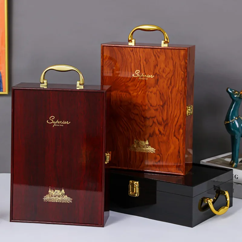 Single/Double Leather Box Wine Bottle Box Luxury Handle Wooden  Organizer Gift Wood Wine Holder for 2 Red Wine Packaging