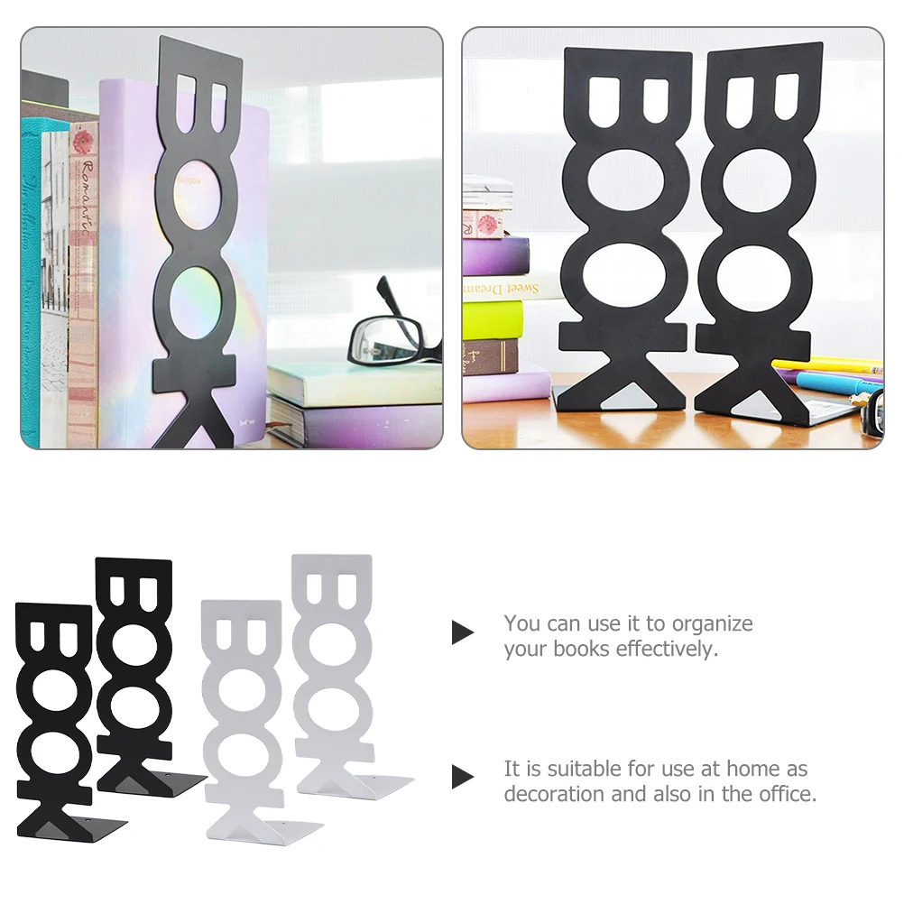 

4pcs Bookends Metal Book Stands Heavy Duty Letter Book Holders for Desk Shelf Organizers Black White Study Room Library Bookend