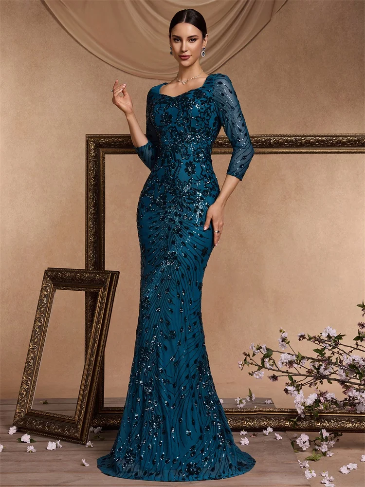 XUIBOL Luxury Blue Sequins Evening Dress Women 2024 Mermaid Formal V-neck Prom Elegant Long sleeve Wedding Party Cocktail Gowns