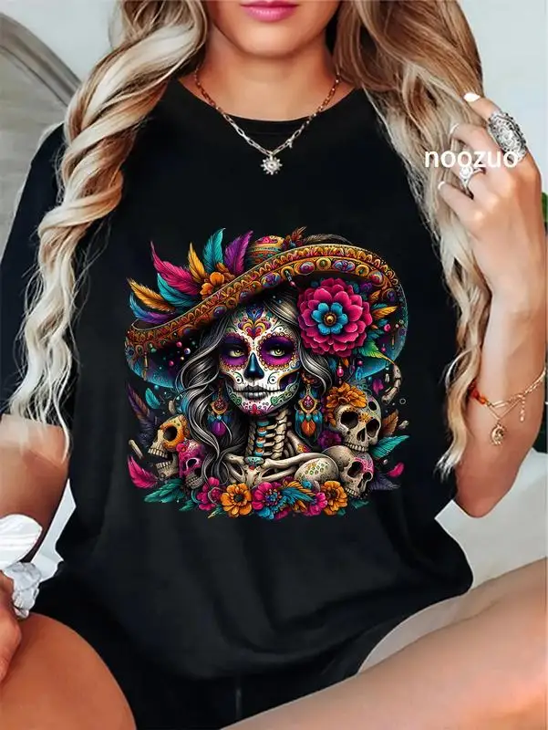 

Y2K Unisex Graphic Tees 100% Cotton Unisex De Los Muertos La Catrina Day of The Dead Sugar Skull Women T-Shirt