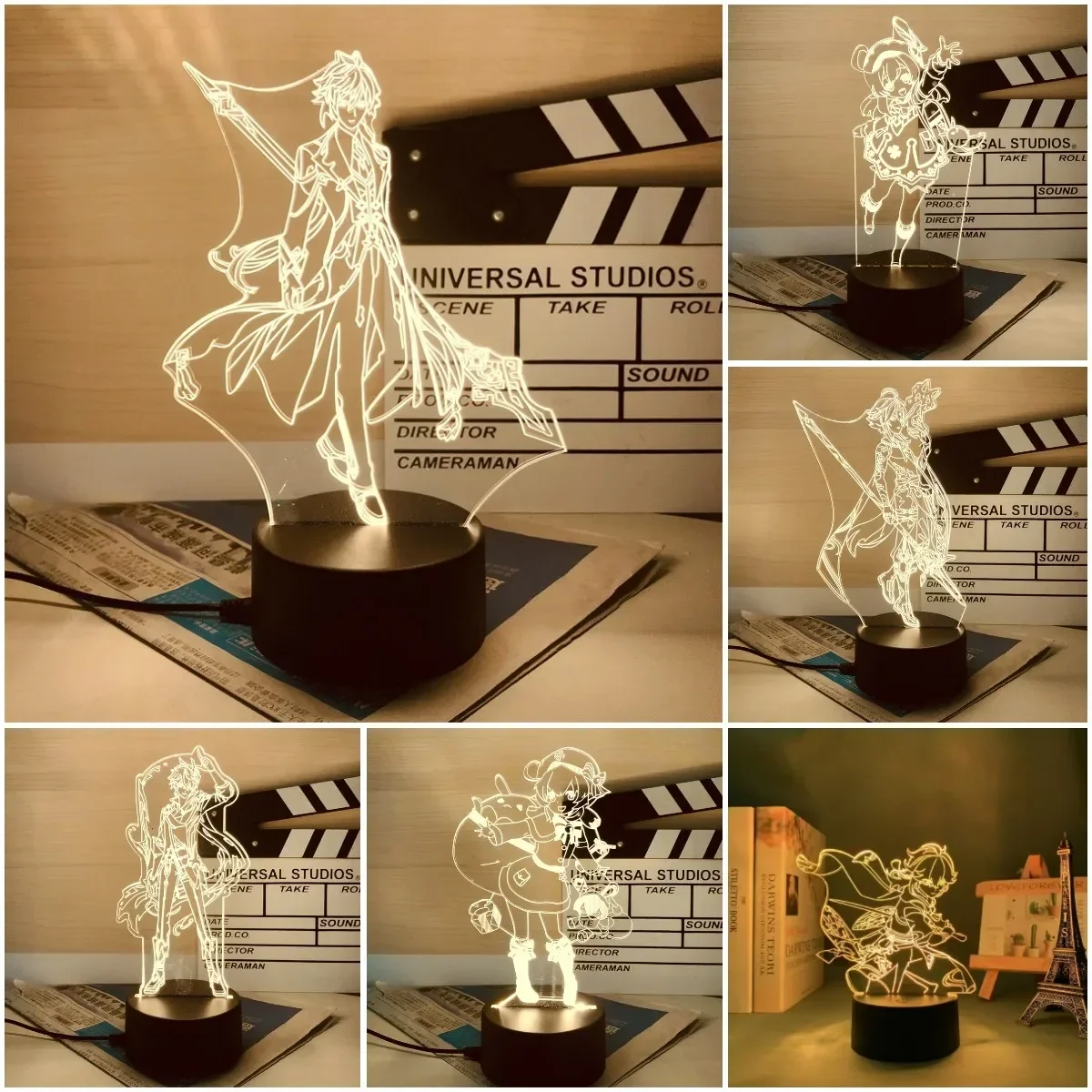 Lámpara de Anime Genshin Impact 3D, luz LED Hu Tao Albedo Zhongli Yae Miko, figura de acción, lámpara de mesita de noche para dormitorio de niños, decoración