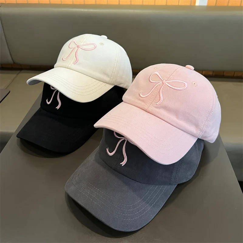 Gorra de béisbol de Corea del Sur con lazo bordado, parte superior suave, azul, rosa encantador, gran circunferencia, parte superior profunda, guisante