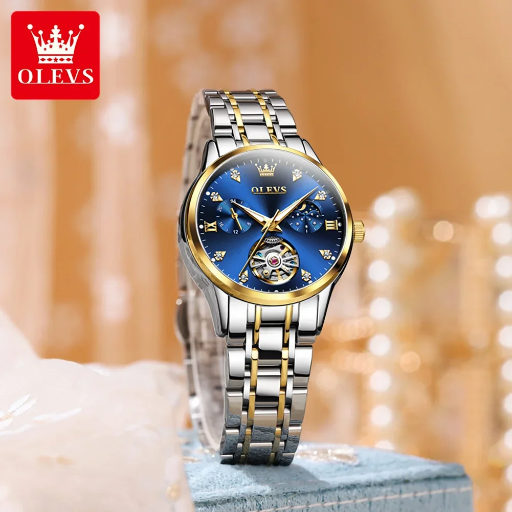 OLEVS Women\'s Watches Luxury Elegant Stainless Steel Strap Waterproof Luminous Moon Phase Dial Automatic Mechanical Wristwatches