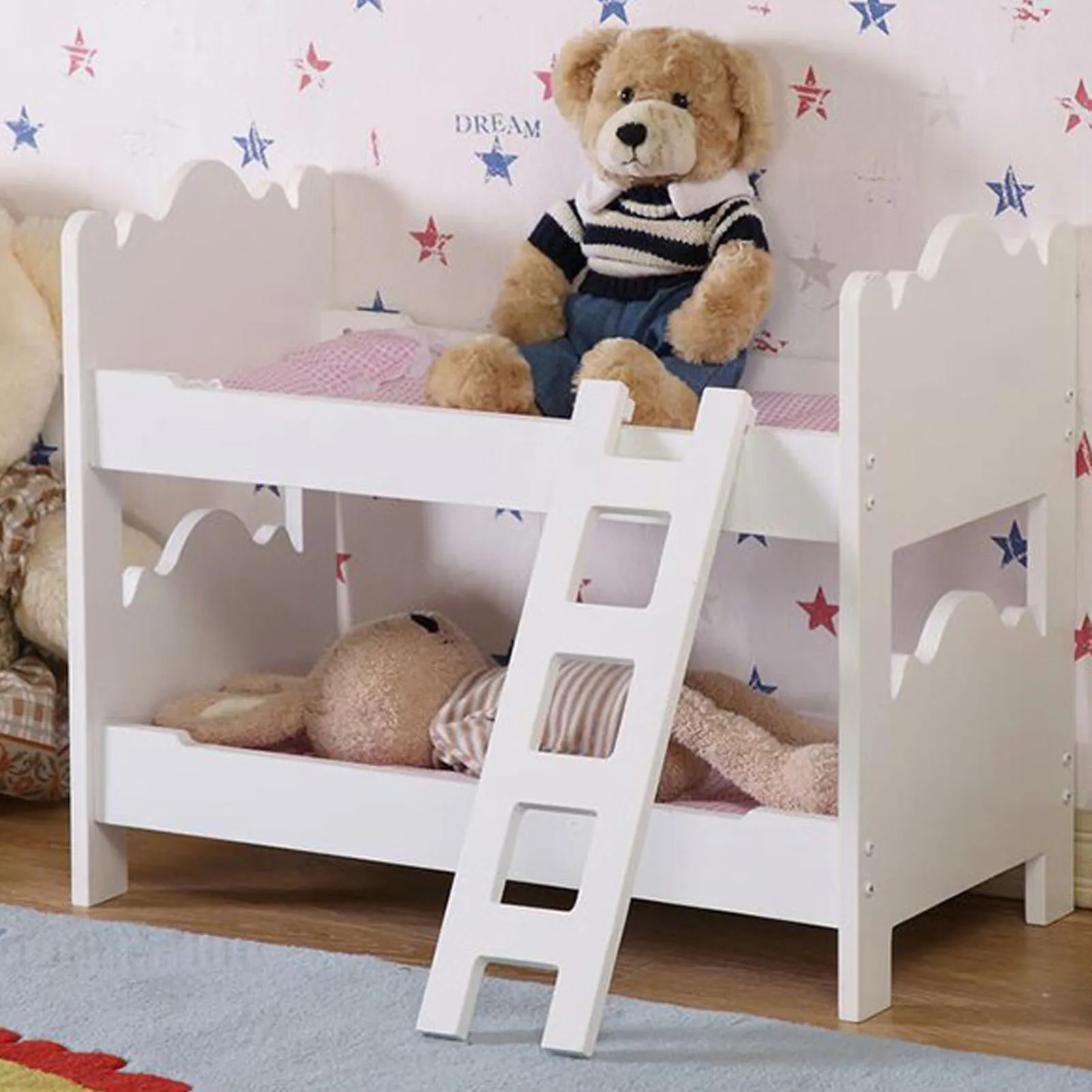 

Mini Bed with Pink Bedding Baby Doll Bunk Bed with Ladder Kids Pretend Play Toy Easy Assembly Wooden Play for 18 Inch Dolls