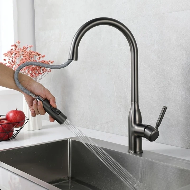 Modern Kitchen Faucet Stainless Steel Flow Kitchen Sink Faucets with Pull Down Sprayer High for Single Hole Sink Brushed Nickel