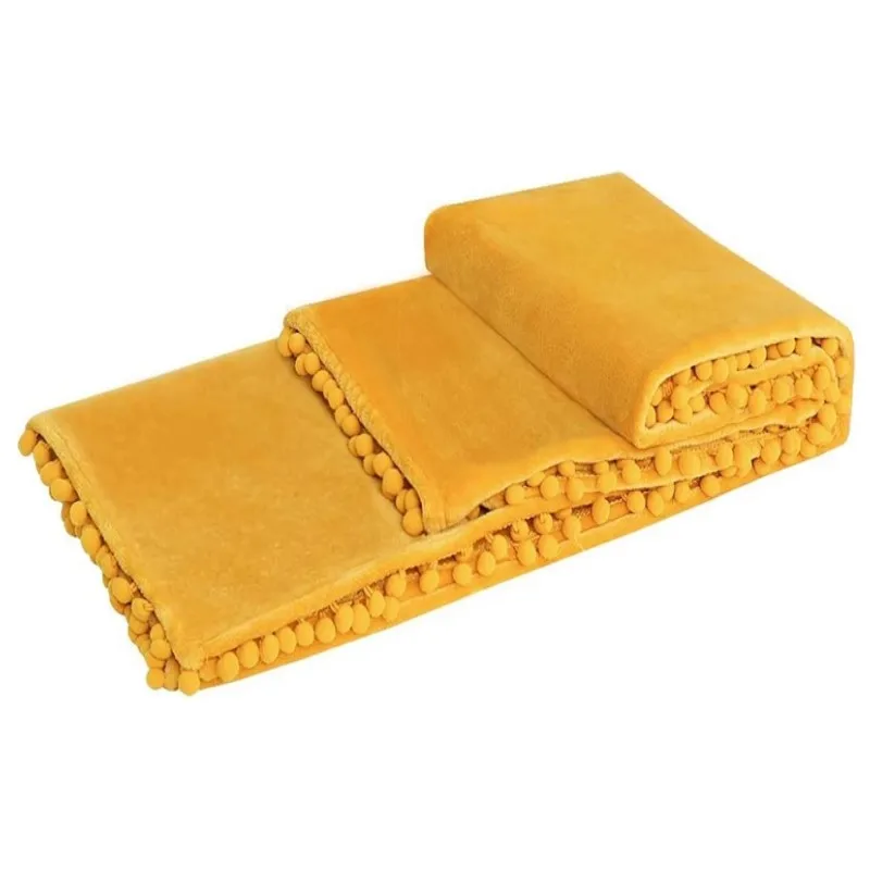

Inyahome Flannel Fleece Blanket with Pompom Fringe Soft Microfiber Sofa Throw Fuzzy Plush Lightweight Decorative Blankets Yellow