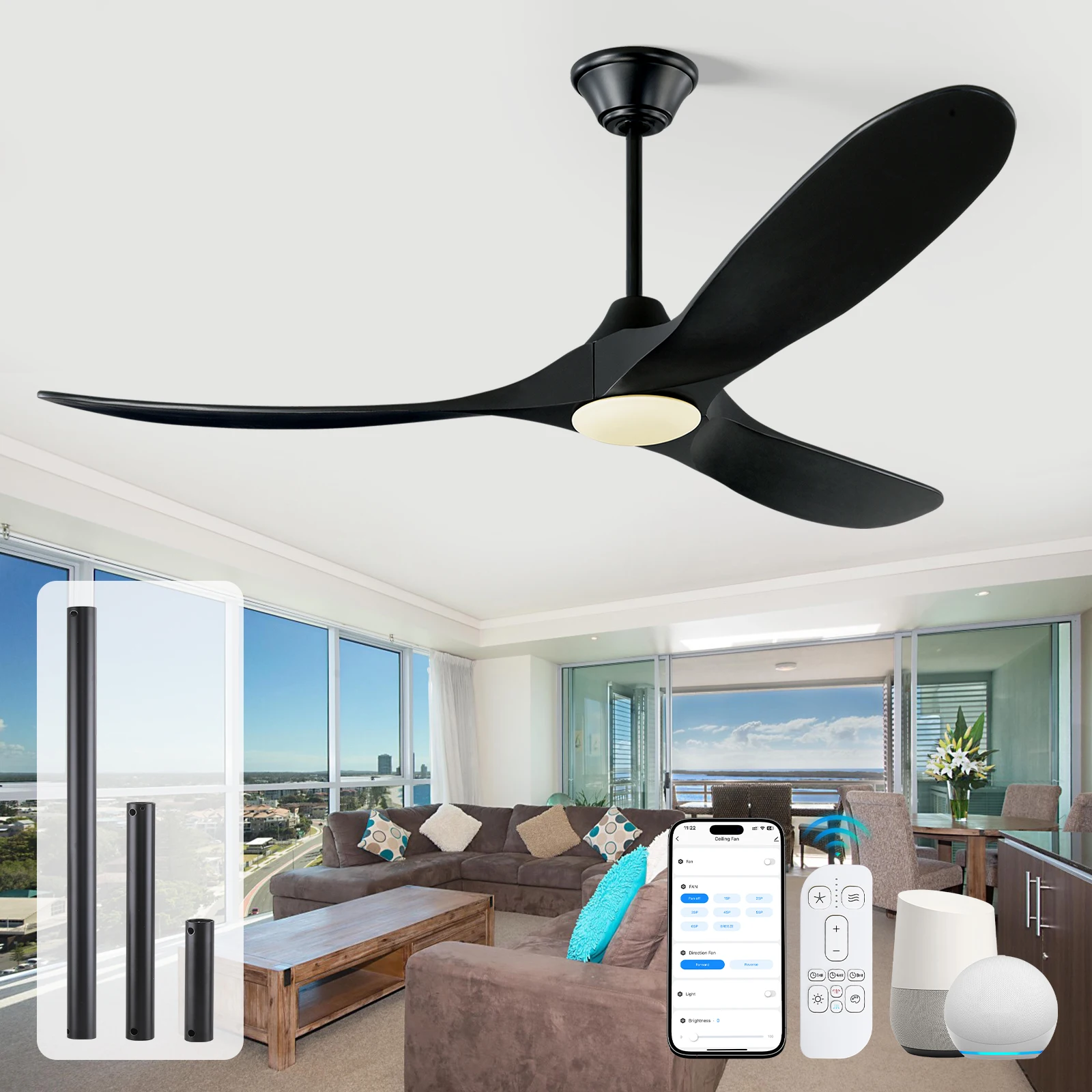 

52 Inch Modern Black Ceiling Fan Light with Smart Control, Reversible DC Motor, Large Airflow Outdoor Wood Ceiling Fan for Patio