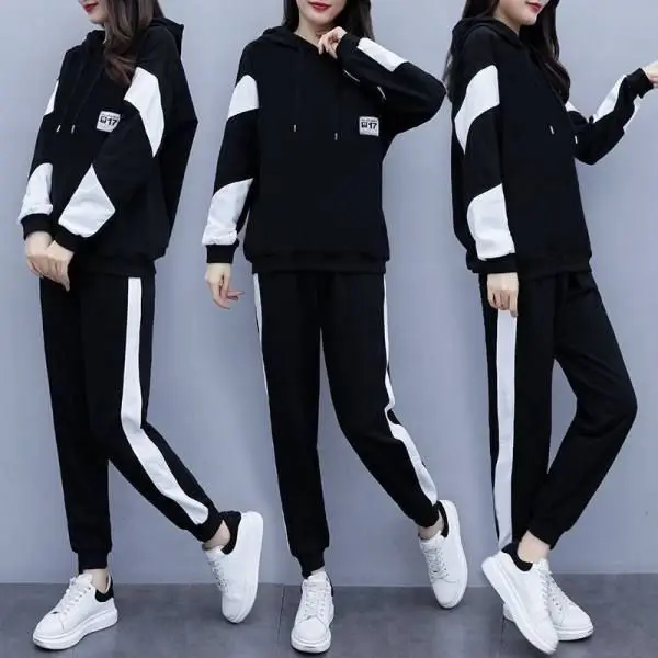 

plus Size Women's Sporty Loose Splice Casual Fashion Two-Piece Set Trendy Autumn Wear Comfortable Long Sleeve Hoodie And Pants