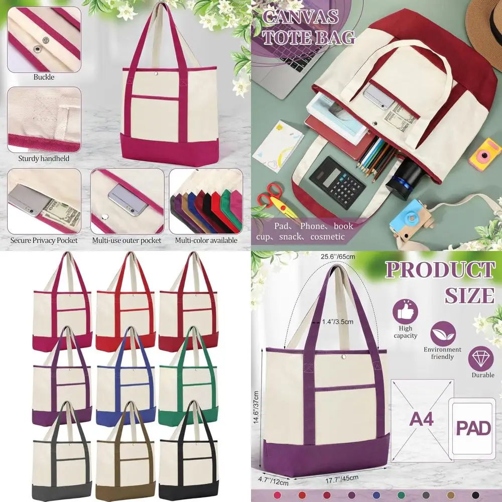 

9 Pack Canvas Tote Bags with Outer Pocket - Large Reusable Grocery Shopping Travel Tote for Women & Moms