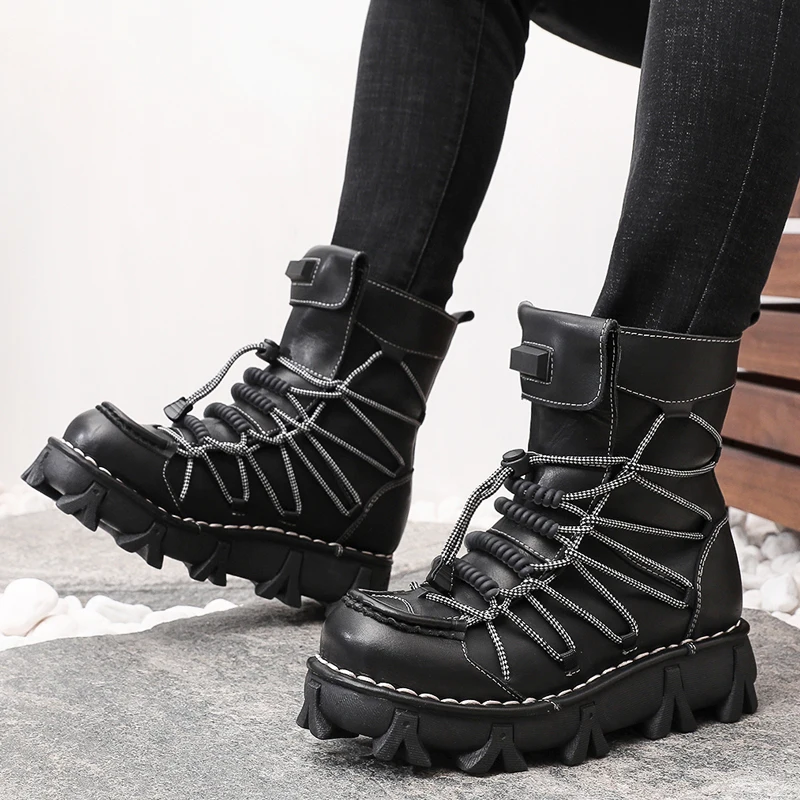 Fashion Men's Genuine Leather Motorcycle Boots Goth Punk Western Boots Lace-up Mid-calf Riding Boots Platform Elastic