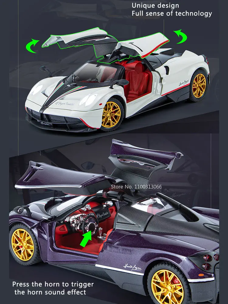 1:24 Scale Alloy Diecast Pagani Huayra Zonda HP Sports Cars Toys Models Sound Light Pull Back Vehicles for Kids Collection Gifts