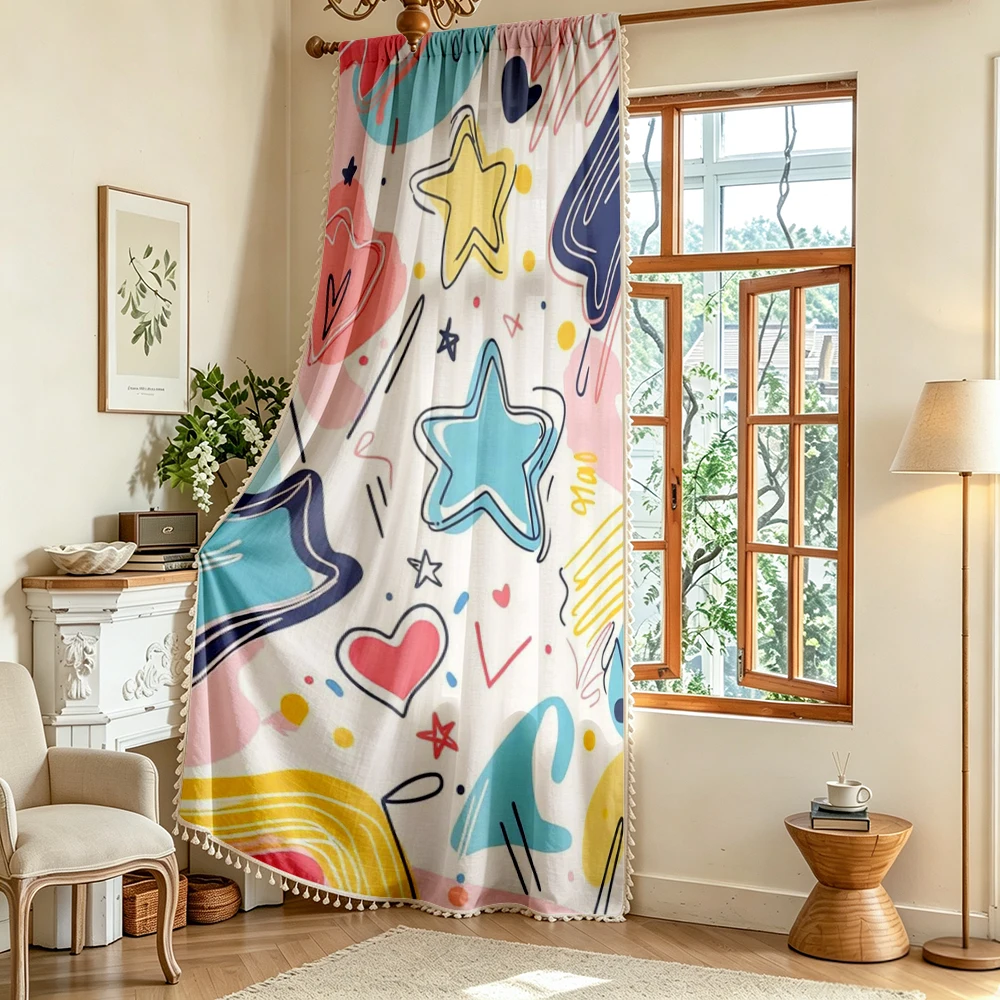 1PC Cartoon Tassel Sheer Curtains, Colorful Doodle Star Heart, Digital Print, Polyester, Bedroom Living Room Home Decor