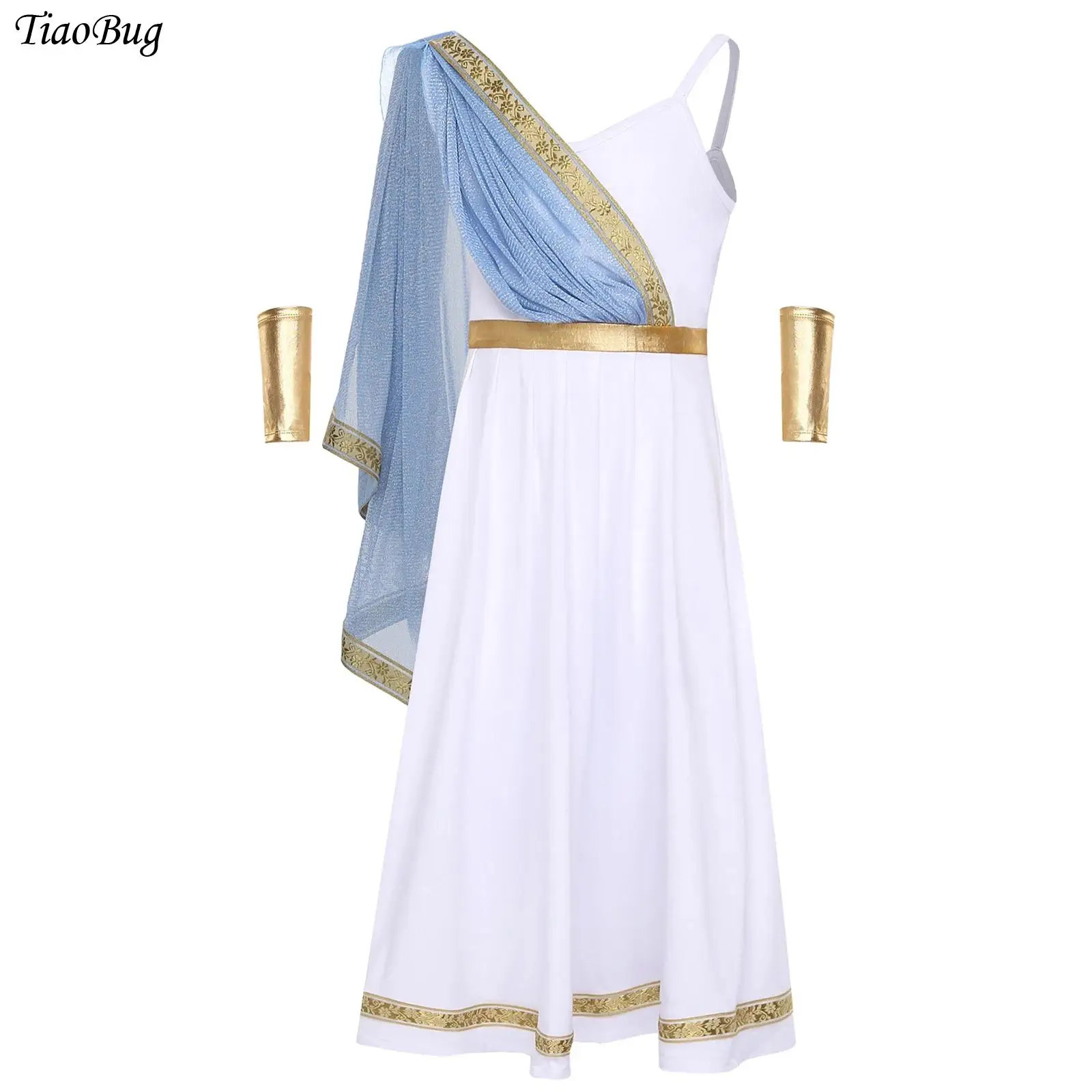 

Girls' Ancient Greek Princess Dress Cape Golden Embroidery High Waist Cami Dress with Arm Sleeve Halloween Raves Cosplay Costume