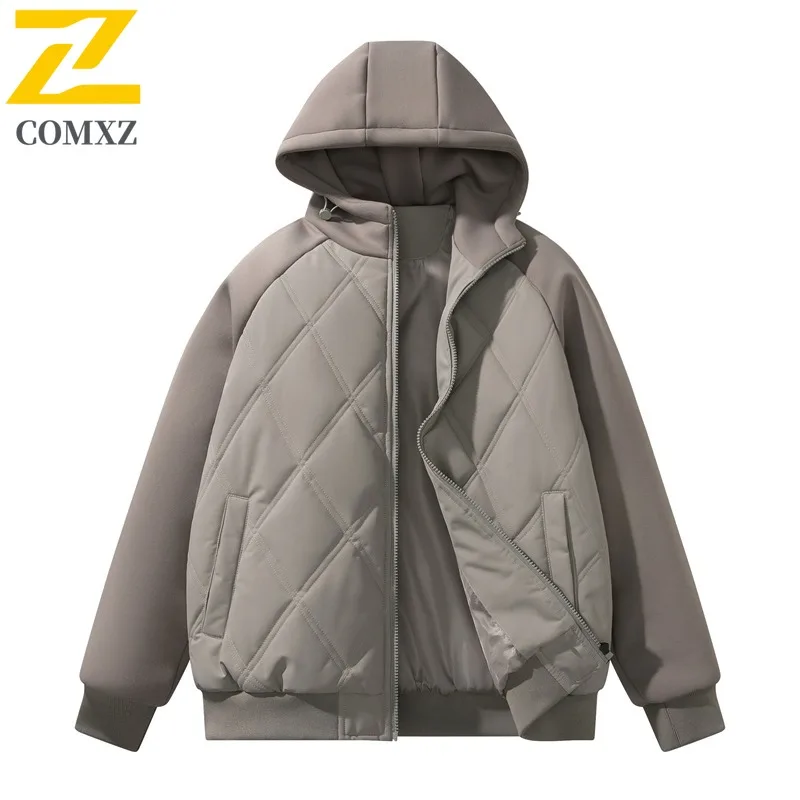 

COMXZ New Cotton Coat Hooded Diamond Quilted Men Winter Korean Style Jacket Trendy Loose Thicken Casual Windbreaker Mens Jacket