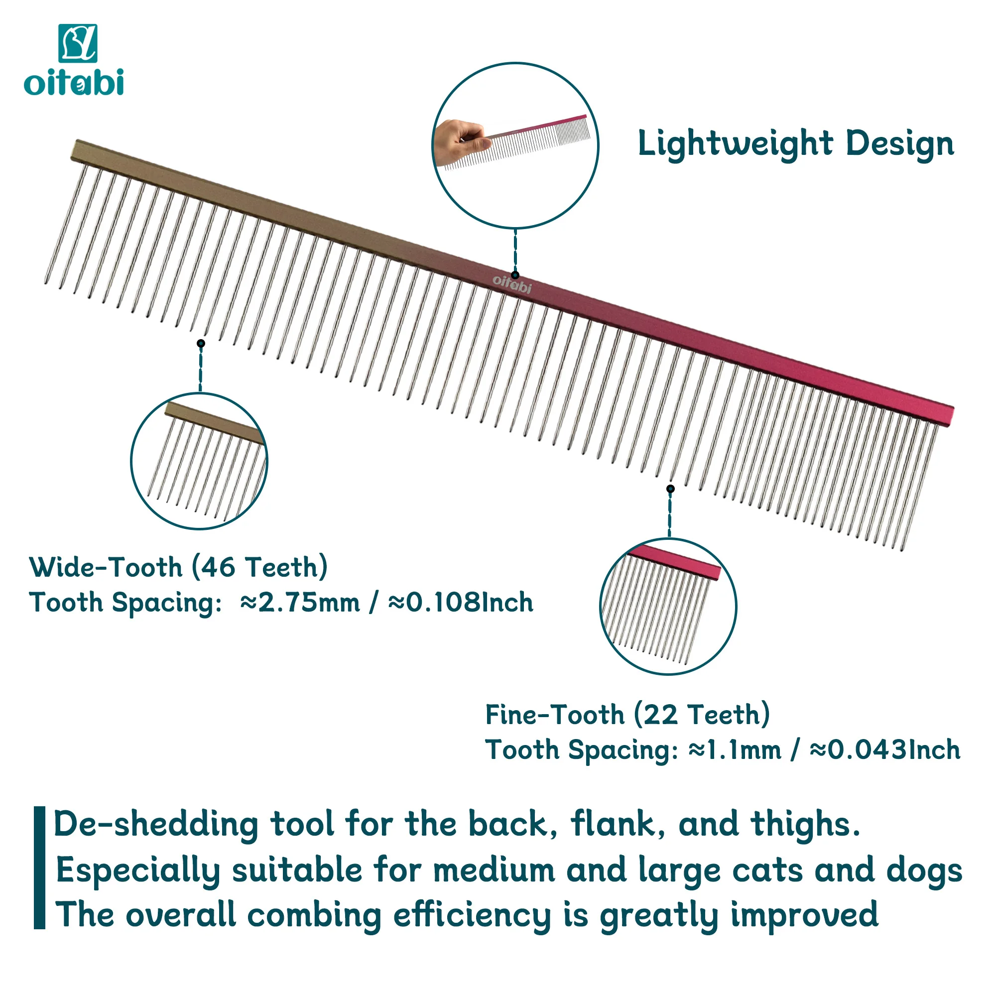 OITABI Extra-Long Professional Pet Grooming Comb Sparse & Dense Row Comb for Dog Cat Comb Removes Hair of Mats Knots and Tangles view 4