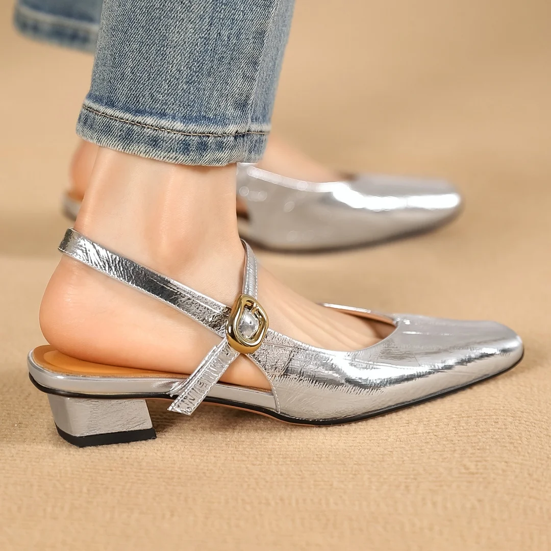 2024 Summer new plus size 34-41 women\'s sheepskin slingback ankle strap flats sandals square toe elegant ladies slim shoes woman