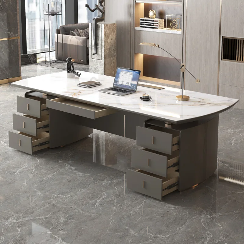 Light Luxury Glossy Rock Panel Office Desk And Chairs Baked Lacquer Boss  Simple Modern Writing Desk President