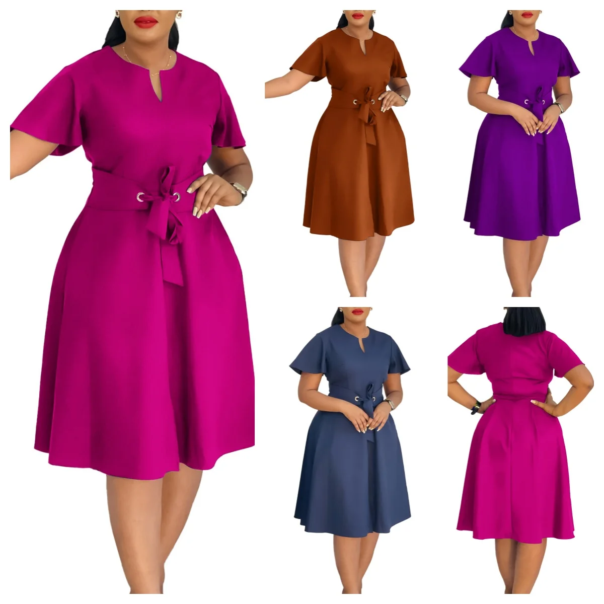 

Новое женское свободное платье больших размеров, лето 2025, модное темпераментное однотонное элегантное повседневное платье макси на шнуровке с короткими рукавами