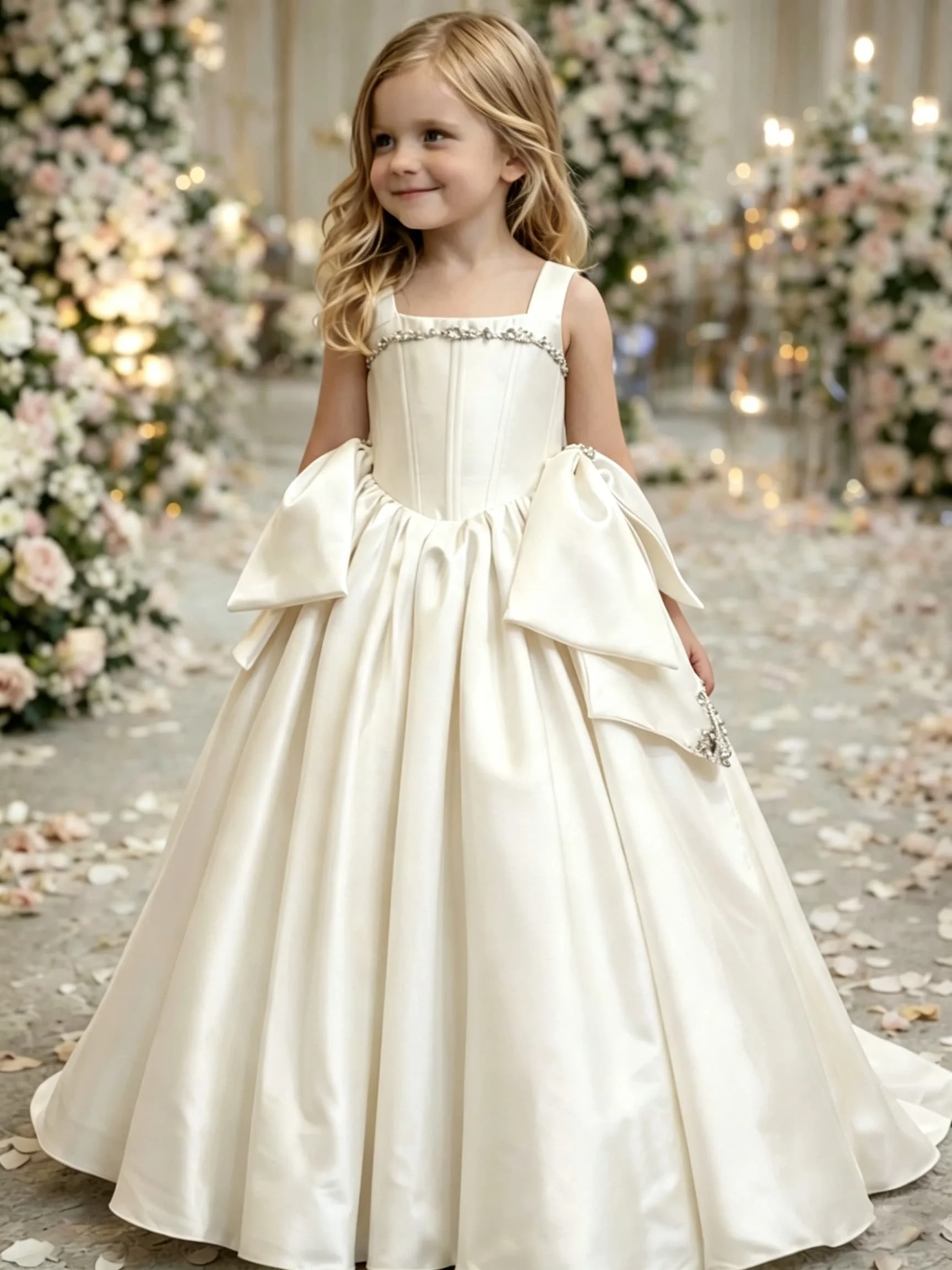 Maßgeschneidertes rosa Blumenmädchenkleid für Hochzeit, Schleife, Perlen, Perlenstickerei, ärmellos, bodenlang, Kindergeburtstag, Erstkommunionkleid – Detail 3