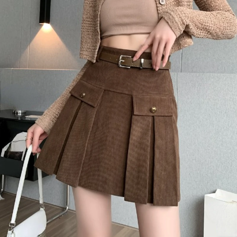 

2023 Spring Fall Women High Waisted Pleated Black Corduroy Skirt , Woman Clothing Fashion Slim Skirts