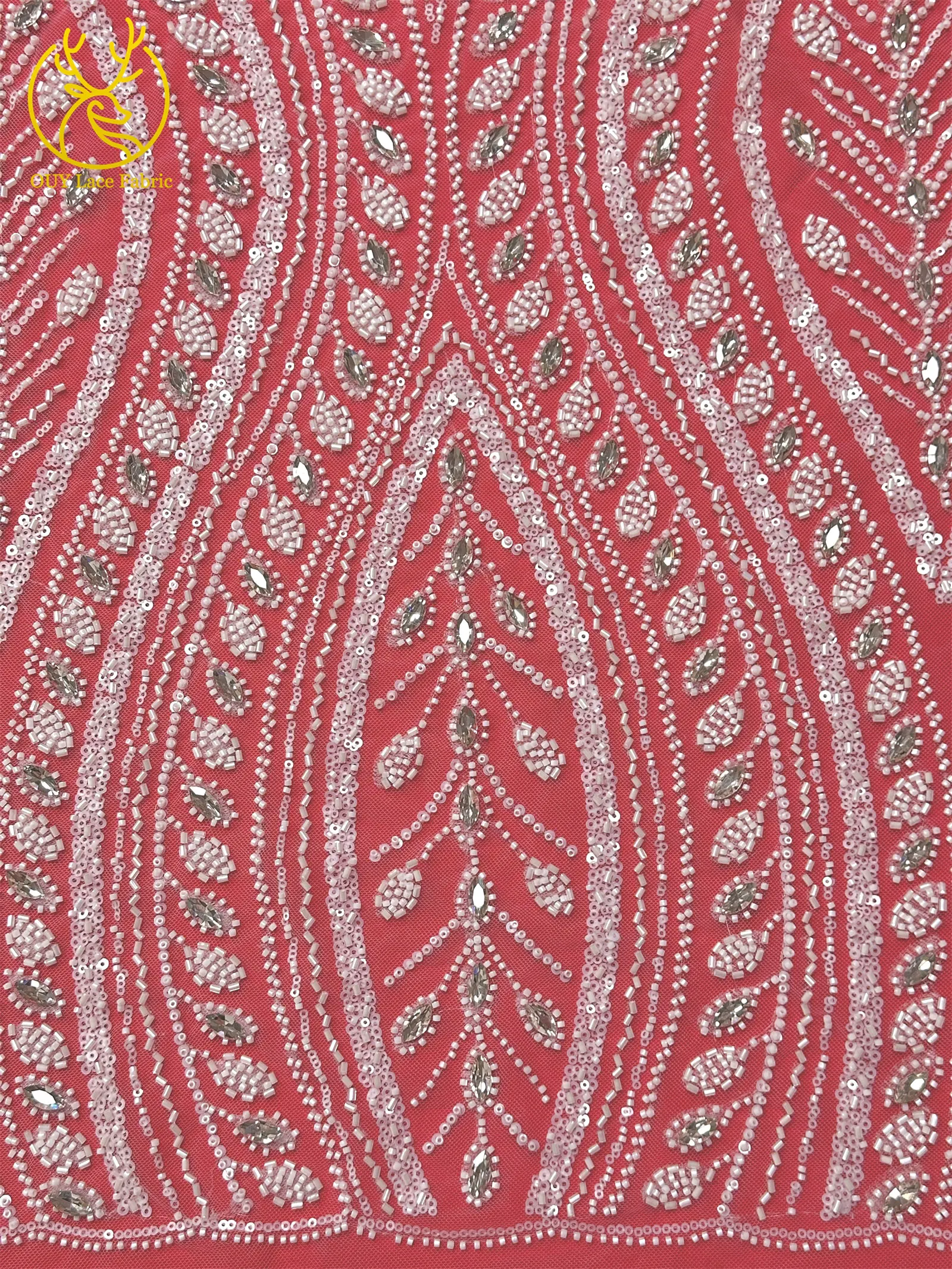 Rosa beliebtes Brautkleid mit Diamantspitze, handgefertigter bestickter Perlen-Spitzenstoff, Stein-Mesh-Pailletten-Spitzenstoff für Abschlussball und Party – Detail 13