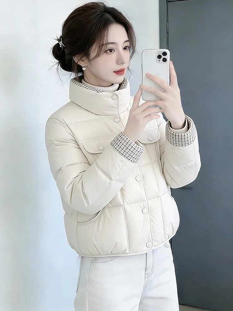 

Korean Sle Thiened Warmth Zipper down Jaet Women's Cotton Coat Long Sve Stand Collar Single Button Pure Color Winter...