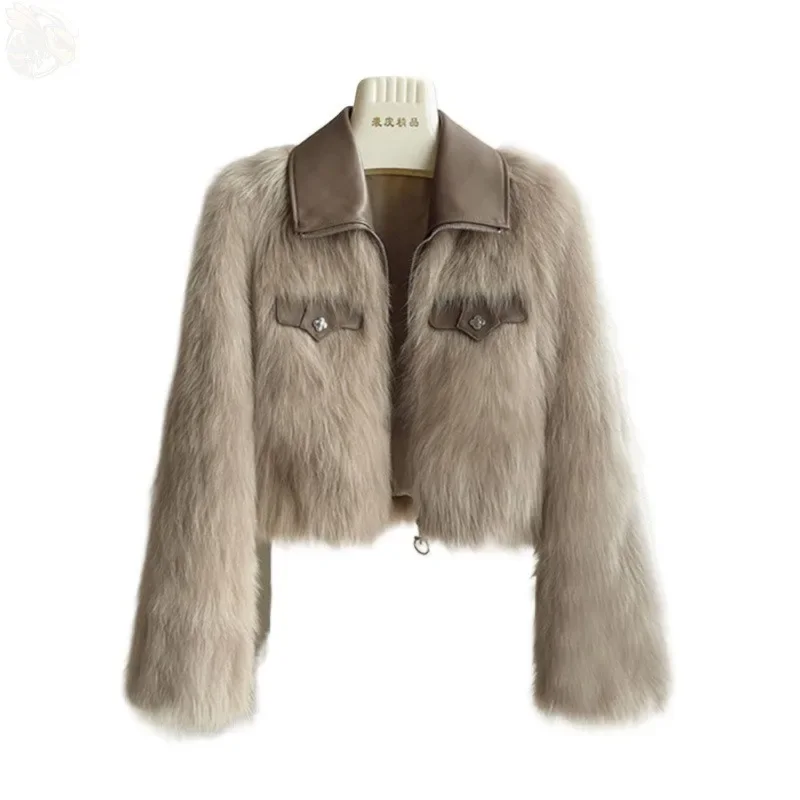 الربيع والخريف شيك تقسم التلابيب معطف الفرو فضفاض النساء الملابس رمادي فاتح تقليد الثعلب الفراء أفخم سترات قصيرة النساء بلايز