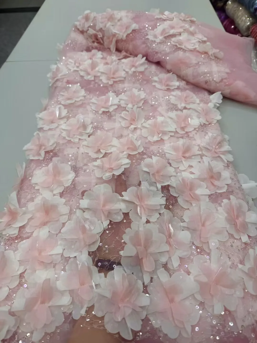 

New Beautiful 3D Embroidery African Fabric Lace /Evening French Pink 3D Beaded Lace Fabric French Tulle lace For Wedding A1148-1